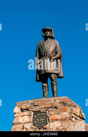 John Cabot Landfalldenkmal an der historischen Cape Bonavista Lighthouse Provincial Historic Site, Bonavista Peninsula, Neufundland, Kanada. Stockfoto