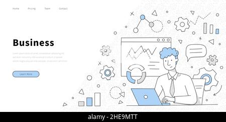 Business-Banner mit Mann arbeitet auf Laptop im Büro. Vektor Landing Page mit Doodle Illustration von Geschäftsmann mit Notizbuch auf dem Hintergrund von Diagrammen, Diagramme und Zahnräder Stock Vektor