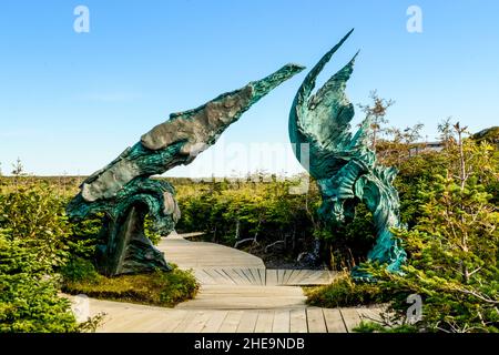 Das Treffen von zwei Winden Sculture in L'Anse aux Meadows National Historic Site, Great Northern Peninsula, Neufundland, Kanada. Stockfoto