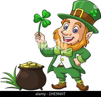 Cartoon-Vektor-Illustration eines St. Patricks Day Kobold neben einem Topf aus Gold stehen Stock Vektor