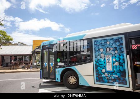 Australische Single-Decker öffentlichen Verkehrsmitteln Bus in Sydney Werbung Bombay Saphir Gin auf der Seite des Busses, Sydney, Australien Stockfoto