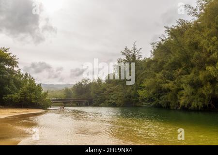 Malerischer Blick auf den Fluss Kalihiwai in der Nähe des Strandes von Kalihiwai auf der Insel Kauai, Hawaii Stockfoto