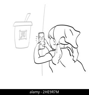 Linie Kunst Mädchen Scannen Tag im Café zu zahlen Online-Illustration Vektor Hand auf weißem Hintergrund isoliert gezeichnet Stock Vektor