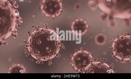 COVID-19 Corona-Virus mit Spike Glykoprotein schweben auf der Luft. Dunkelroter Hintergrund . 3D Rendering . Stockfoto