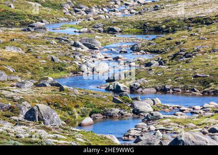 Foto eines Süßwasserflusses, der durch ein grünes steineres Tal in den Snowy Mountains in New South Wales in Australien fließt Stockfoto