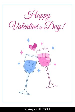 Grußkarte zum Valentinstag. Süße zwei Sektgläser. Romantisches Date in den Liebesurlaub. Vektorgrafik flach. Stock Vektor