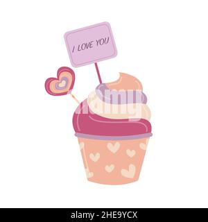 Valentinstag Cupcake isoliert. Süßes Dessert-Design-Element mit Lutscher und Valentinskarte i Ich liebe dich. Vektorgrafik. Stock Vektor