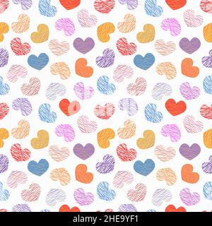 Herzmuster. Nahtloser Valentinstag Hintergrund mit bunt gestreiften Symbolen der Liebe. Vektorgrafik. Stock Vektor