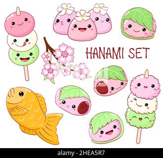 Set von süßen Hanami Saison Desserts Ikonen in Kawaii Stil mit lächelndem Gesicht und rosa Wangen. Traditionelle japanische Küche. Taiyaki, Sakura Mochi Stock Vektor