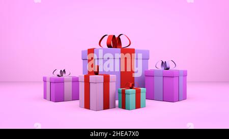 3D Geschenke Hintergrund. Festliche rosa helle Kulisse mit Schachteln mit Geschenken für valentinstag oder andere Feiertage. Hochwertige 3D-Illustration Stockfoto