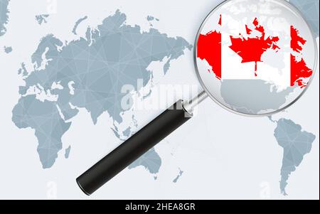 Asien-zentrierte Weltkarte mit vergrößertem Glas auf Kanada. Konzentrieren Sie sich auf die Karte Kanadas auf der pazifischen Weltkarte. Vektorgrafik. Stock Vektor