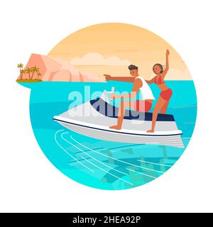 Runde Symbol Wasseraktivität. Ein junger Mann und eine junge Frau Rennen auf Aquabike. Vektor-Grafik mit flacher Grafik. Stock Vektor