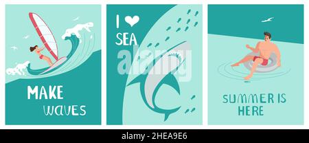 Set Postkarte Ich liebe das Meer im maritimen Stil. Ocean Scene mit Hai und Surfer reitet The Wave auf aquamarinfarbenem Hintergrund. Flache Vektorgrafik Stock Vektor