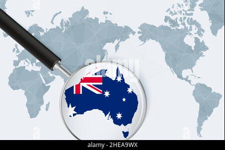 Asien-zentrierte Weltkarte mit vergrößertem Glas auf Australien. Konzentrieren Sie sich auf die Karte von Australien auf der pazifischen Weltkarte. Vektorgrafik. Stock Vektor