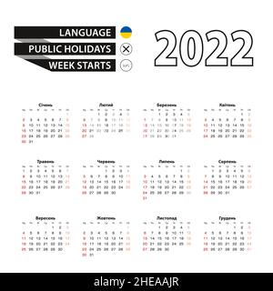 Kalender 2022 in ukrainischer Sprache, die Woche beginnt am Sonntag. Vektorgrafik. Stock Vektor