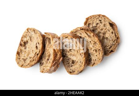 Ciabatta-Vollkornbrot. Baguette in Scheiben geschnitten, isoliert auf weißem Hintergrund. Stockfoto