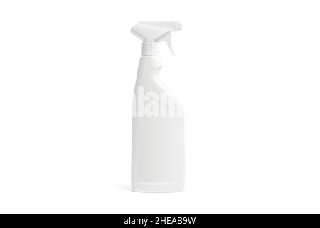 Sprühflasche mit Reinigungs-Serviette isoliert auf weißem Hintergrund. Eco Reinigungskonzept, Oberflächenabwischen mit saugfähigem Tissueschild, Spray und Absorptionsmittel Stockfoto