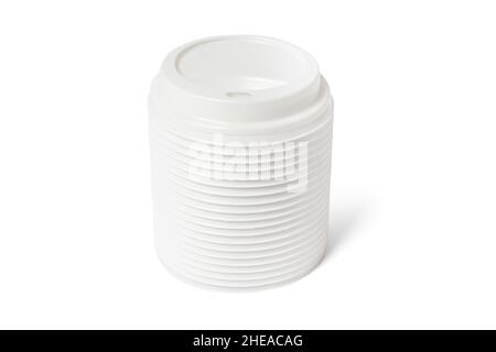Deckel für Einweg-Kaffeekappe aus Kunststoff, isoliert auf Weiß. Blank weißer Einweg-Kaffeebecher Deckel Nachbau liegend Draufsicht, 3D Rendering. Leeres Trinken Stockfoto