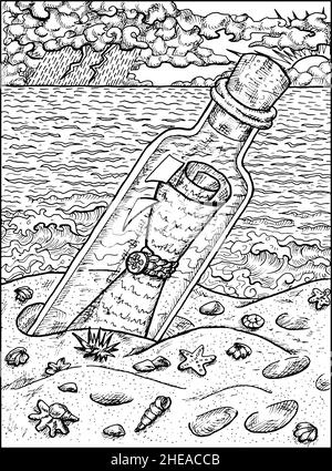 Schwarz-weiße Abbildung der Glasflasche mit Buchstabe innen auf der Küste. Nautische Vektor Vintage-Zeichnungen, marine Konzept, Malbuch pag Stock Vektor