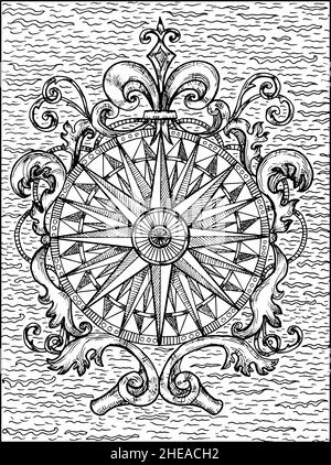 Schwarz-weiße Darstellung von Kompass oder Windrose mit viktorianischen und barocken Mustern verziert. Nautische Vektor Vintage-Zeichnungen, marine Konzept, Stock Vektor