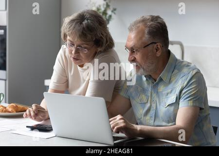 Konzentriertes, glückliches älteres Paar, das das Haushaltsbudget verwaltet. Stockfoto