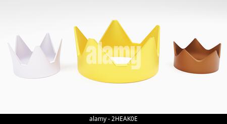 Kronen: Gold, Silber und Bronze. Als Medaillen oder Trophäen an die Gewinner verliehen. Die Menschen, die den ersten zweiten oder dritten Rang erreichen. Eine abbildung aus dem jahr 3D. Stockfoto