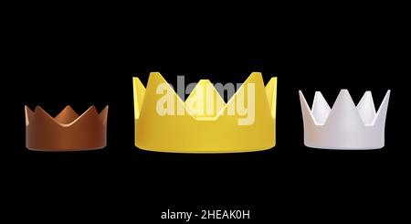 Kronen: Gold, Silber und Bronze. Als Medaillen oder Trophäen an die Gewinner verliehen. Die Menschen, die den ersten zweiten oder dritten Rang erreichen. Ein 3D gerendertes Bild. Stockfoto