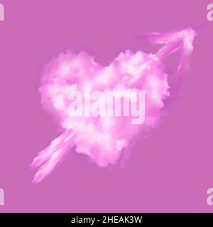 Love Heart echte rosafarbene Wolkengrafik mit Pfeil auf einem einfarbigen rosa Hintergrund. Valentine Symbol der Romantik und Zuneigung Stockfoto