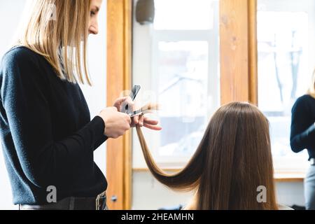 Der Friseurmeister schneidet die Haarspitzen nach dem Waschen und im Schönheitssalon. Stockfoto