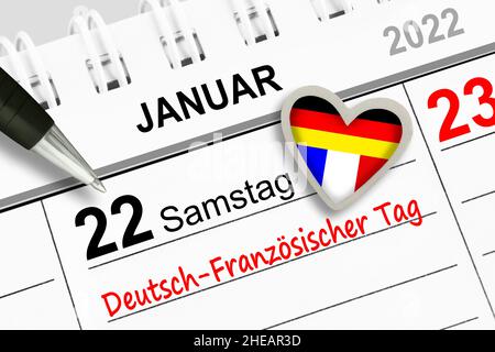 Kalender 2022. Januar 22 Samstag und Deutsch-Französischer Tag mit Herz und Fahnen Stockfoto