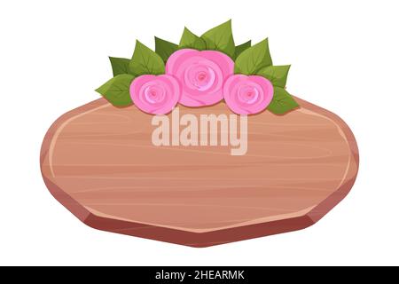 Holzrahmen, Planke mit Blumen und Blättern verziert, Grenze im Cartoon-Stil isoliert auf weißem Hintergrund. Ländliches, vintage Schild, romantische leere Tafel. Vektorgrafik Stock Vektor