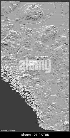 Topographische Negativrelief-Karte der kanadischen Provinz ALBERTA, KANADA mit weißen Konturlinien auf dunkelgrauem Hintergrund Stock Vektor