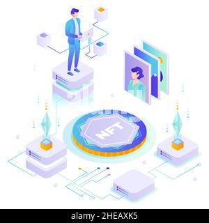 NFT Art, nicht fungible Token, Vektor-isometrische Illustration. Digitale Krypto-Art-Blockchain-Technologie. Stock Vektor