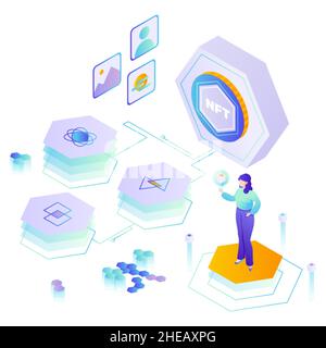 Frau, die NFT-Kunst kauft, nicht fungible Marke, Vektor-isometrische Illustration. Digitale Krypto-Art-Blockchain-Technologie. Stock Vektor