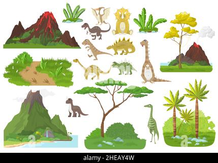 Cute jurassic Dino Cartoon Charakter set, prähistorische Natur, Vulkane, Vektor isoliert Illustration. Dinosaurier-Ära. Stock Vektor