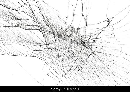 Textur von zerbrochenem Glas auf dem Smartphone-Bildschirm. Die Wirkung von Rissen auf das Schutzglas. Stockfoto