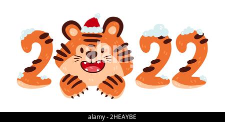 Weihnachten lächelnde Cartoon Tiger 2022 mit weihnachtsmütze. Chinesische Neujahr Tierkreis Tier. Aufdruck im Kinderzimmer. Vektorgrafik Stock Vektor