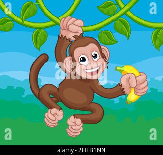 Affen Singen Auf Jungle Vines Mit Banana Cartoon Stock Vektor