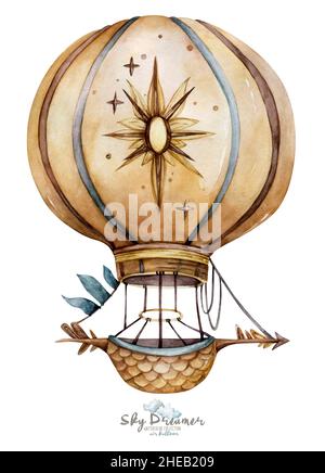 Aquarell Heißluftballon kindisch für Stoff, Textilien oder Tapeten. Stockfoto