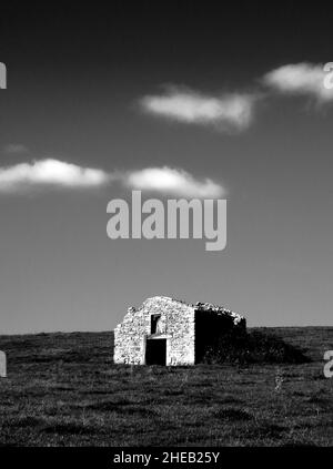 Verlassenes Steingebäude in einer grasbewachsenen Landschaft unter einem dramatischen Himmel, in der Abenddämmerung in schwarz-weiß erfasst, Puy de Dome Departamento, Auvergne-Rhone-Alpes Stockfoto