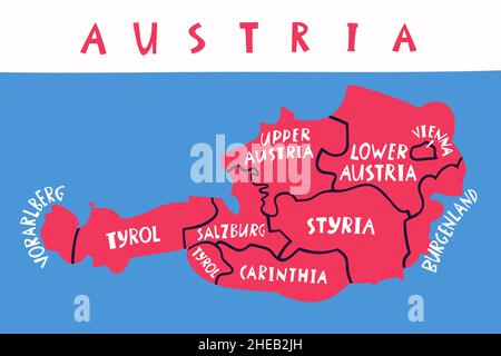 Vektor Hand gezeichnete stilisierte Karte der österreichischen Regionen. Reiseabbildung. Darstellung der Geographie der Republik Österreich. Europa-MAP-Element Stock Vektor