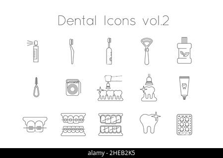 Symbole für die Zahnmedizin. Dünne Linie Vektor Zeichen der Zahnklinik Dienstleistungen. Konzepte der Mundgesundheit. Mundhygiene, Kieferorthopädie. Piktogramme mit schwarzer Kontur Stock Vektor