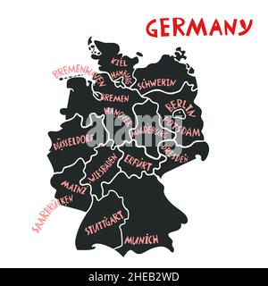 Vektor Hand gezeichnet stilisierte Karte von Deutschland Städte. Reiseabbildung. Darstellung der Geographie der Bundesrepublik Deutschland. Europa-MAP-Element Stock Vektor