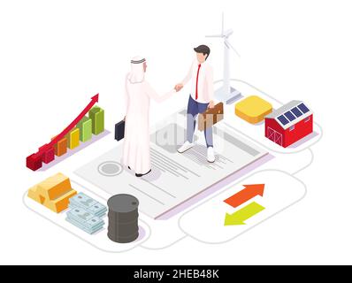 Arabische Investitionen in die Landwirtschaft Vektor isometrisches Flussdiagramm. Investitionen in die Landwirtschaft. Stock Vektor