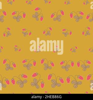 Nahtloses Muster mit in Reihen angeordneten Erdbeeren auf senffarblichem Hintergrund. Stock Vektor