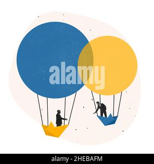Zeitgenössische Kunstcollage, Kreatives Design von zwei Mitarbeitern, Geschäftsleute, die auf Luftballon fliegen Stockfoto