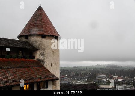 Bled (Veldes oder Feldes) ist eine Stadt am Bleder See in der Region Oberkrain im Nordwesten Sloweniens. Es ist der Verwaltungssitz der Municipali Stockfoto