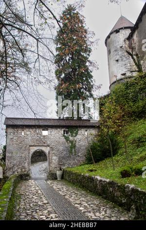 Bled (Veldes oder Feldes) ist eine Stadt am Bleder See in der Region Oberkrain im Nordwesten Sloweniens. Es ist der Verwaltungssitz der Municipali Stockfoto