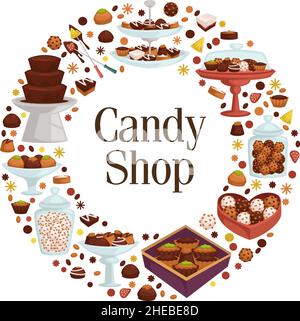 Süßigkeitengeschäft oder Geschäft mit Sortiment von Süßigkeiten Stock Vektor