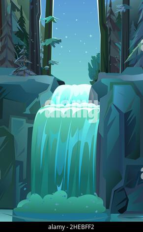 Laute Landschaft mit Wasserfall zwischen Felsen. Kaskade schimmert nach unten. Fließendes Wasser. Schöner Cartoon-Stil. Flaches Design. Nächtliche Dunkelheit. Vektor Stock Vektor